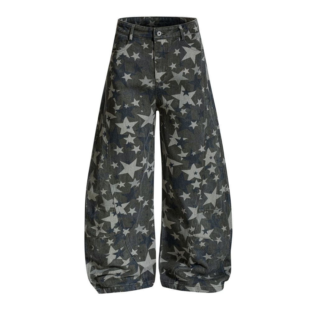 Pantalon long ample pour homme, imprimé intégral étoile à cinq branches, style camouflage cimeterre, coupe large, design urbain de niche._voghion.com