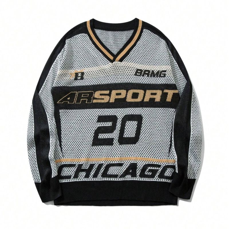 Vêtements pour hommes, style sportif de rue européen et américain, pull ample à col en V, style hip-hop rétro décontracté à manches longues_voghion.com