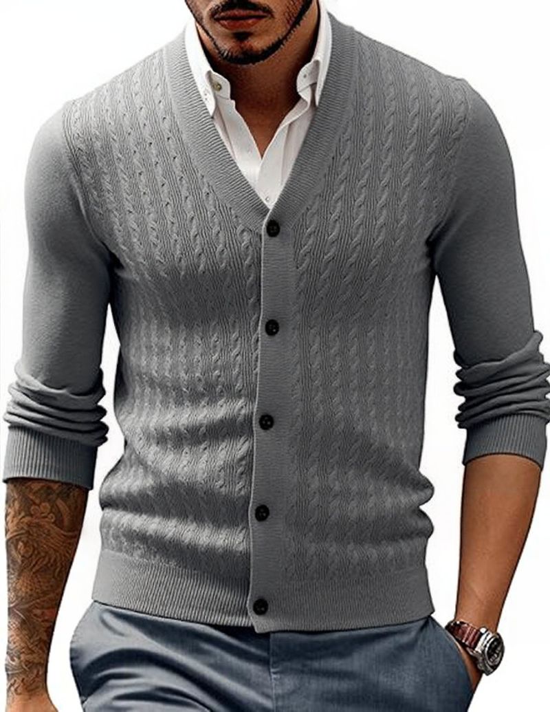 Cardigan da uomo in maglia a trecce con scollo a V | Maglione slim fit con bottoni (M-5XL, 8 colori)_voghion.com