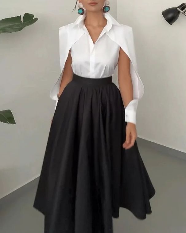 Dammekleeder Damen Trendy Revers Laangärm Hohl Effenfaarwegt Kleed Zwee-Stéck Set_voghion.com