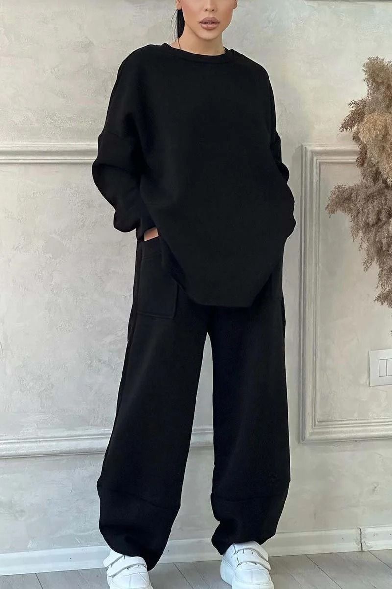 Damen-Freizeit-Set mit Langarm-Hoodie und Jogginghose – Oversized-Passform, Polyester-Spandex-Mischgewebe, Taschen (S-5XL, Grau/Khaki/Grün/Braun/Schwarz)_voghion.com