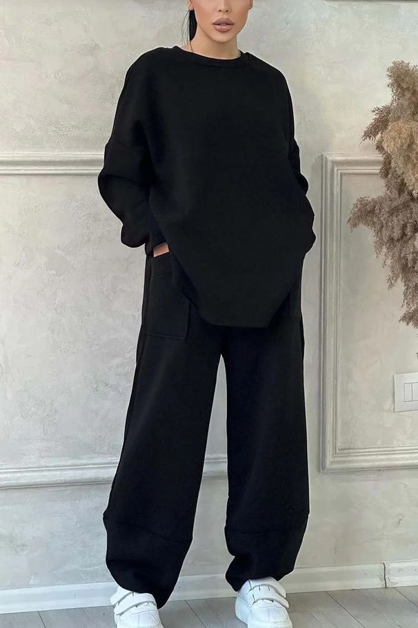 Damen-Freizeit-Set mit Langarm-Hoodie und Jogginghose – Oversized-Passform, Polyester-Spandex-Mischgewebe, Taschen (S-5XL, Grau/Khaki/Grün/Braun/Schwarz)_voghion.com