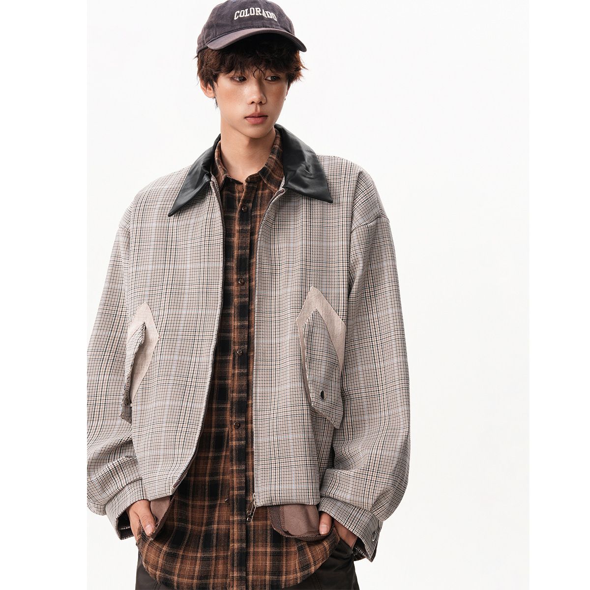 Men's Clothing Unique Houndstooth Patchwork Lapel Jacket For Men, Retro Silhouette, Short Harrington Casual Coat._voghion.com