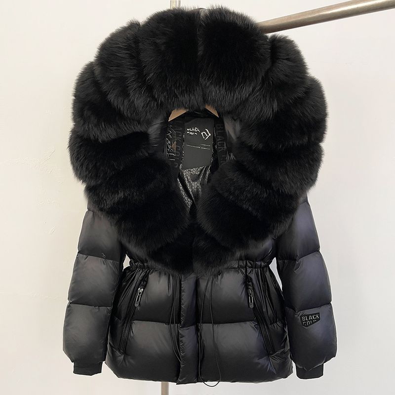 Damenbekleidung Luxuriöser Wintermantel aus Gänsedaunen für Damen mit Fuchspelzbesatz, langer Parka mit Kapuze – Abnehmbarer Kunstpelzkragen, winddicht und warm_voghion.com