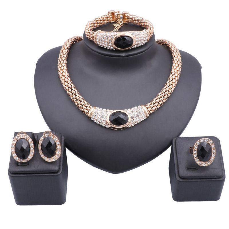 Women Gold Color Chain Choker Crystal Necklace Earring Bracelet Ring Bridal Christmas Gift Costume Jewelry Set_voghion.com