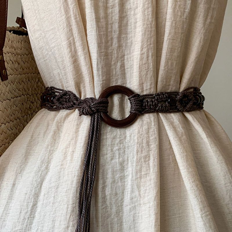 Woven Wooden Buckle Wax Cord Belt New Extended Tassel Beaded Waist Cord Niche Design With Skirt Trim_voghion.com