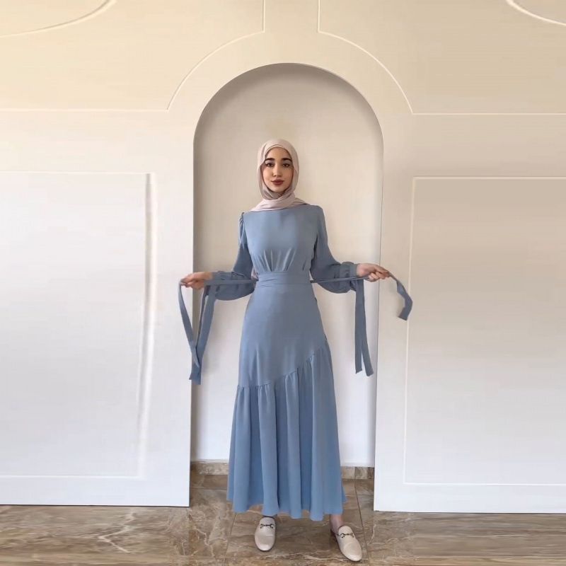 Arab Muslim Dubai 2025 Spring New Fashion Long Sleeve Tie Waist Midi Dress Set_voghion.com