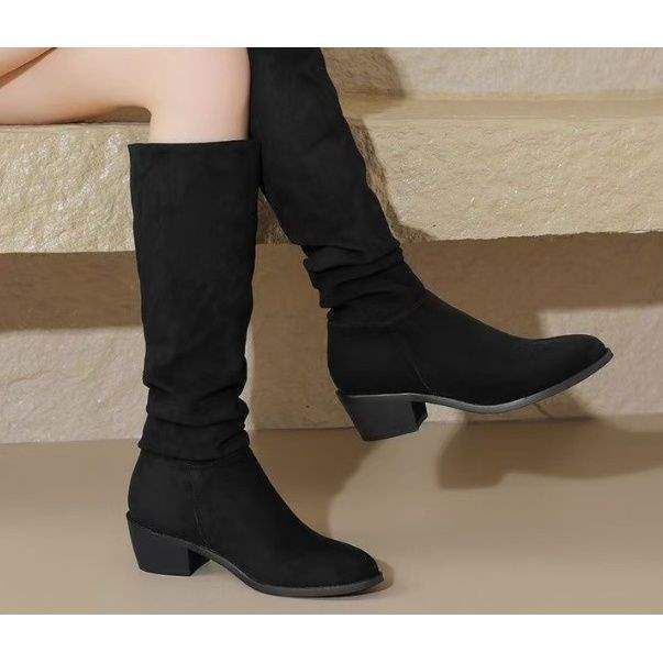 2025 Autumn New British Retro Women's Thick Heel Pointed Toe High Tube Slip-On Large Size Martin Boots_voghion.com