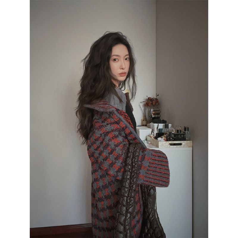2024 Neuer Stil Jacquard Thousand Bird Grid Top Kragen Trendy Vielseitiger Langer Mantel Damen Herbst/Winter T_voghion.com