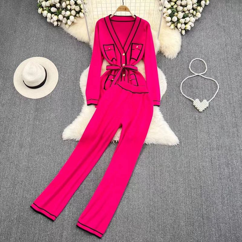 Ensemble deux pièces pour femme, couleur contrastée rétro, manches longues, col en V, cardigan tricoté, taille haute, pantalon large à jambe droite_voghion.com