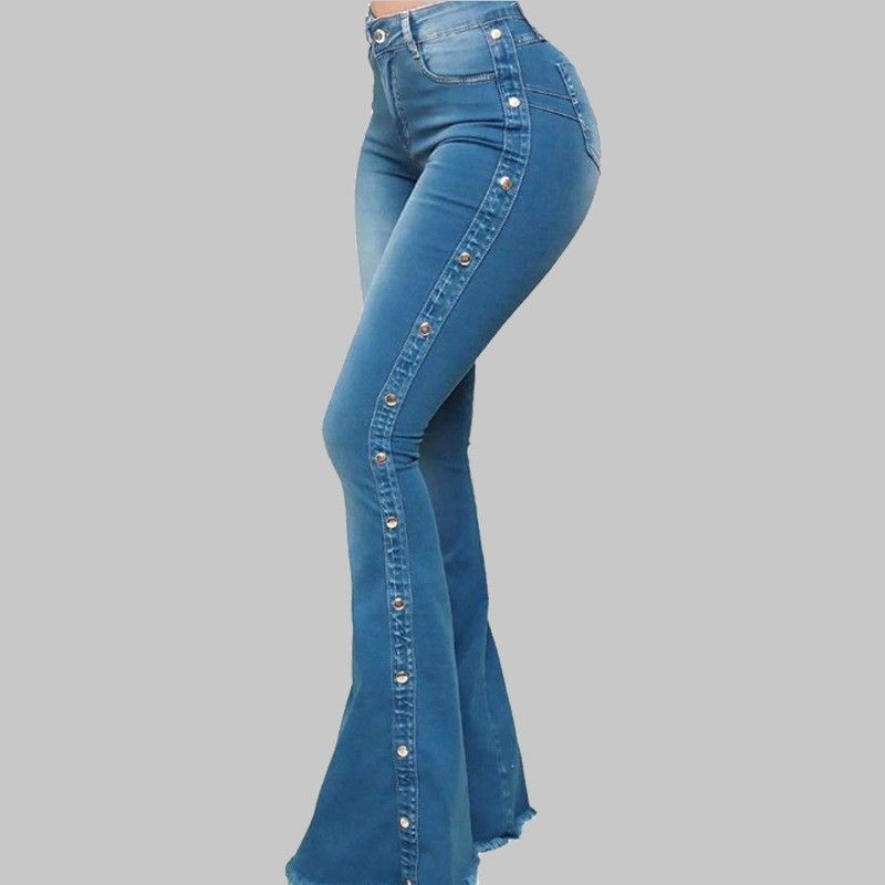 High waist elastic mop flared jeans ladies trousers_voghion.com