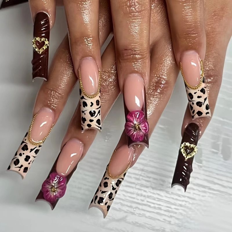 Long European Square False Nails - Wearable Sweet & Cool Leopard Heart Design, Finished Nail Art Piece, American & European Style_voghion.com