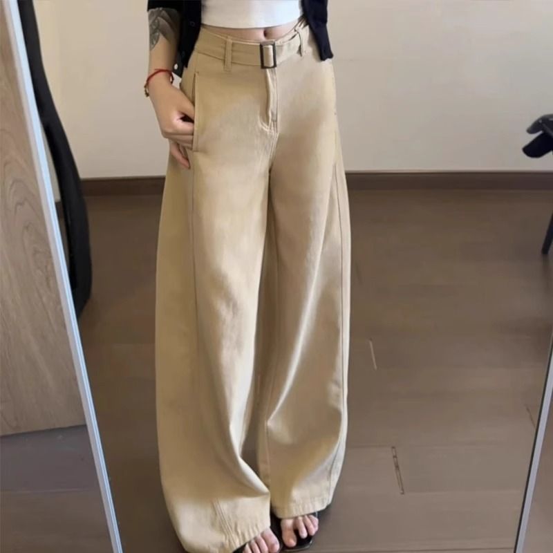Calça jeans plus size cáqui Scimitar para mulheres, calça de verão, cintura alta, solta, reta, comprimento até o chão, calça casual de perna larga_voghion.com