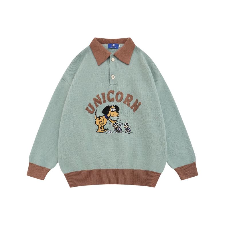 Men's Clothing Retro Cartoon Embroidered Lapel Sweater For Men And Women Autumn And Winter Loose College Style Couple Lazy Knitted Sweater_voghion.com