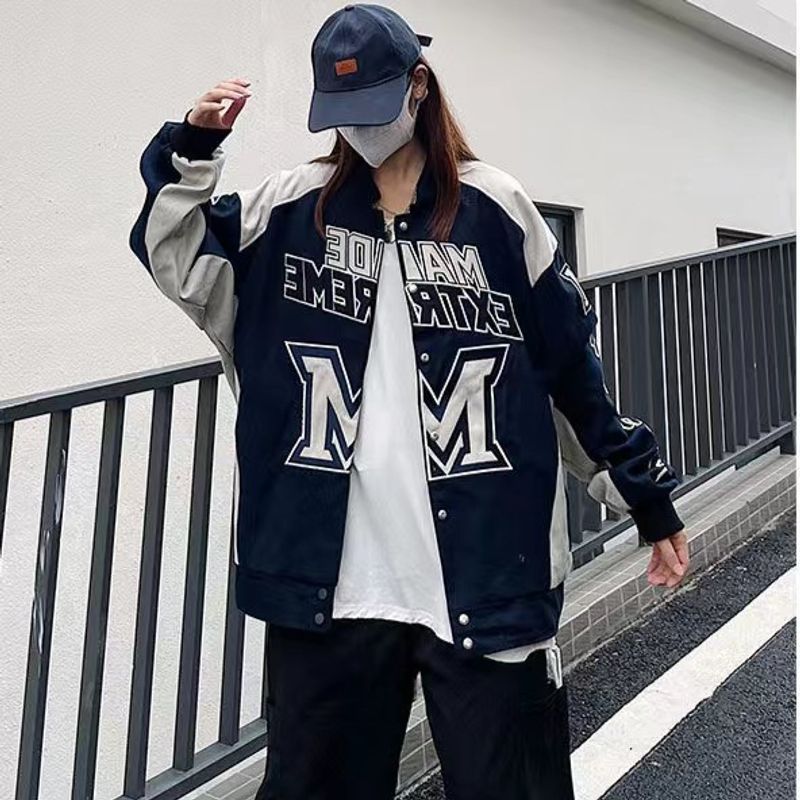 Veste de moto de course de l'industrie lourde américaine High Street lettres en blocs de couleur hommes et femmes manteau ample China-Chic_voghion.com