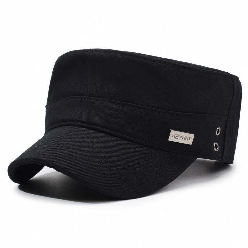 All-Season Wearable Flat Top Hat For Men Outdoor Casual Cotton Metal Square Label Sunshade Breathable Adjustable_voghion.com