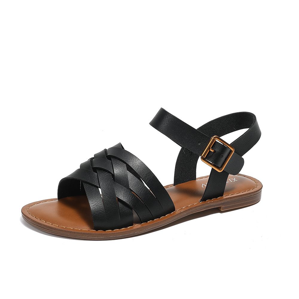 Sandali piatti da donna estivi, minimalisti, con cinturini incrociati, comodi e piatti, scarpe da spiaggia romane versatili._voghion.com