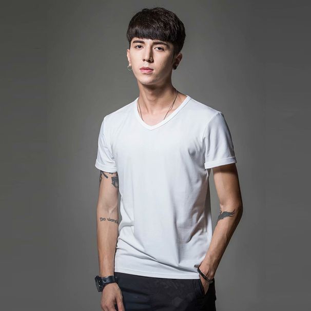 Maglietta a maniche corte a colori, estiva, casual, girocollo, corta, alla moda, con scollo a V, vestibilità aderente, per abbigliamento maschile_voghion.com