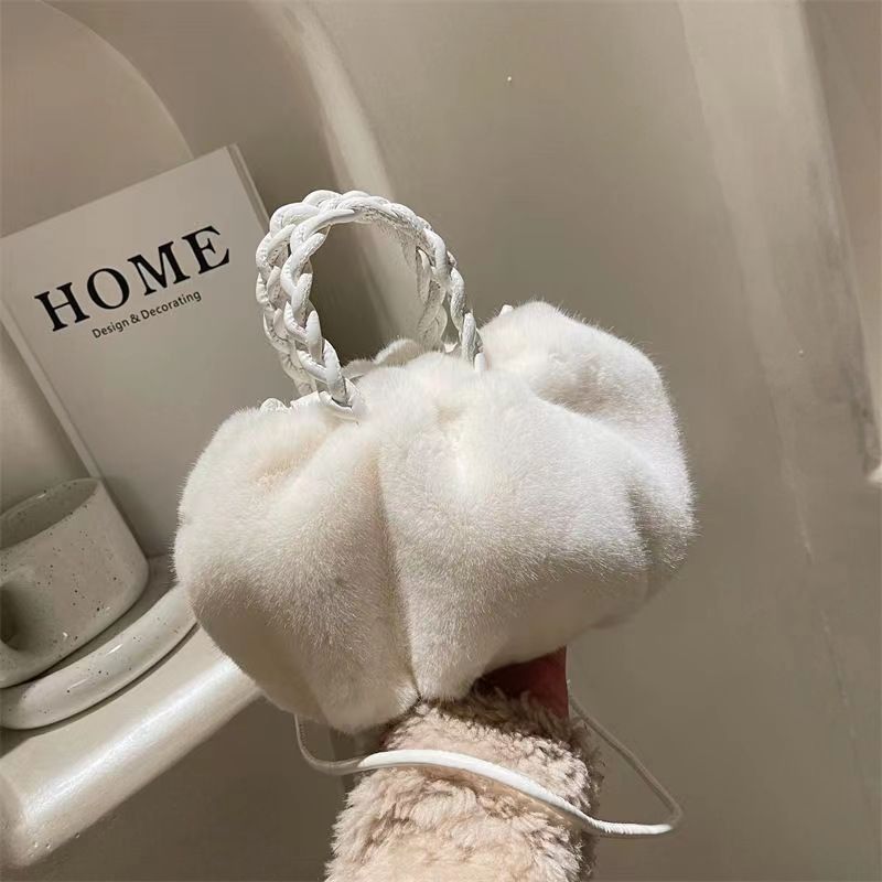 Mink Plush Bag Pumpkin Folded Bag Portable Solid Color Bag Women's Shoulder Crossbody Bag_voghion.com