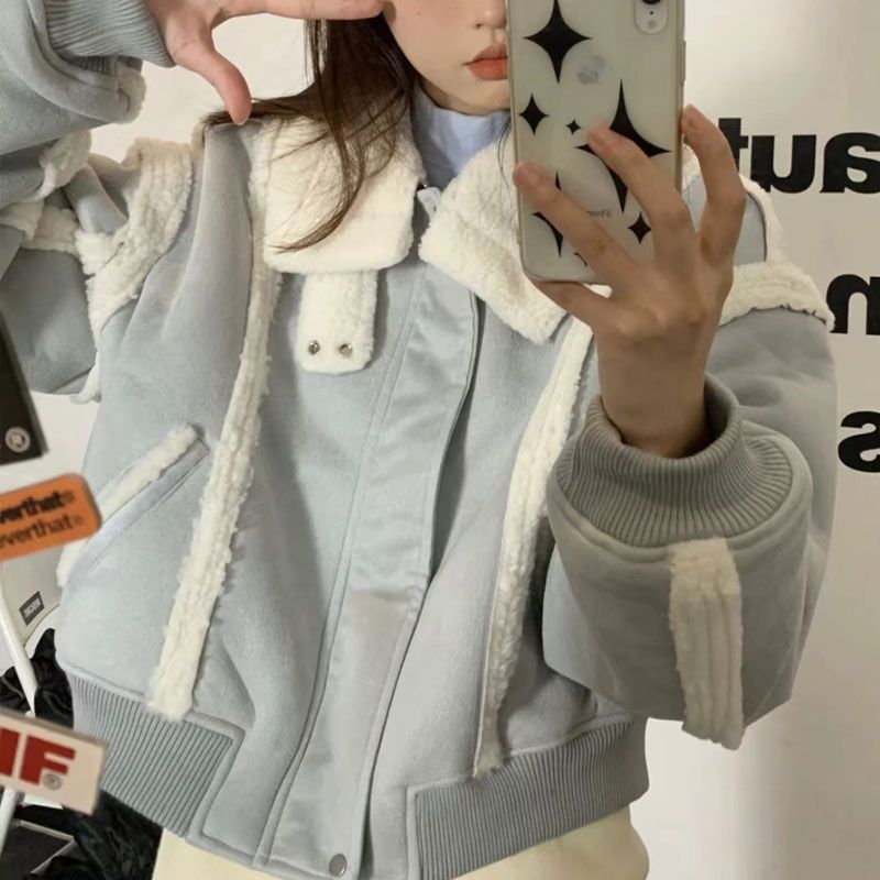 【Sheepskin Integrated】Winter Motorcycle Buckle Lamb Wool Patchwork Short Thickened Coat For Petite Women Trendy_voghion.com