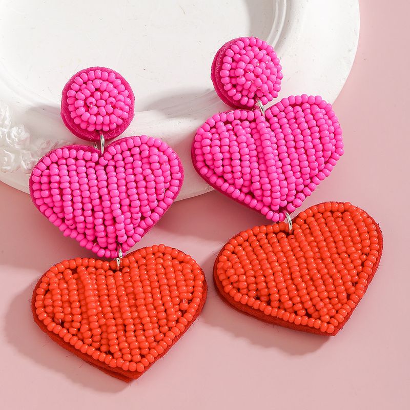 Orecchini a forma di cuore di pesca con perline di riso fatte a mano in stile INS, squisiti, a doppio strato, esagerati, per San Valentino_voghion.com
