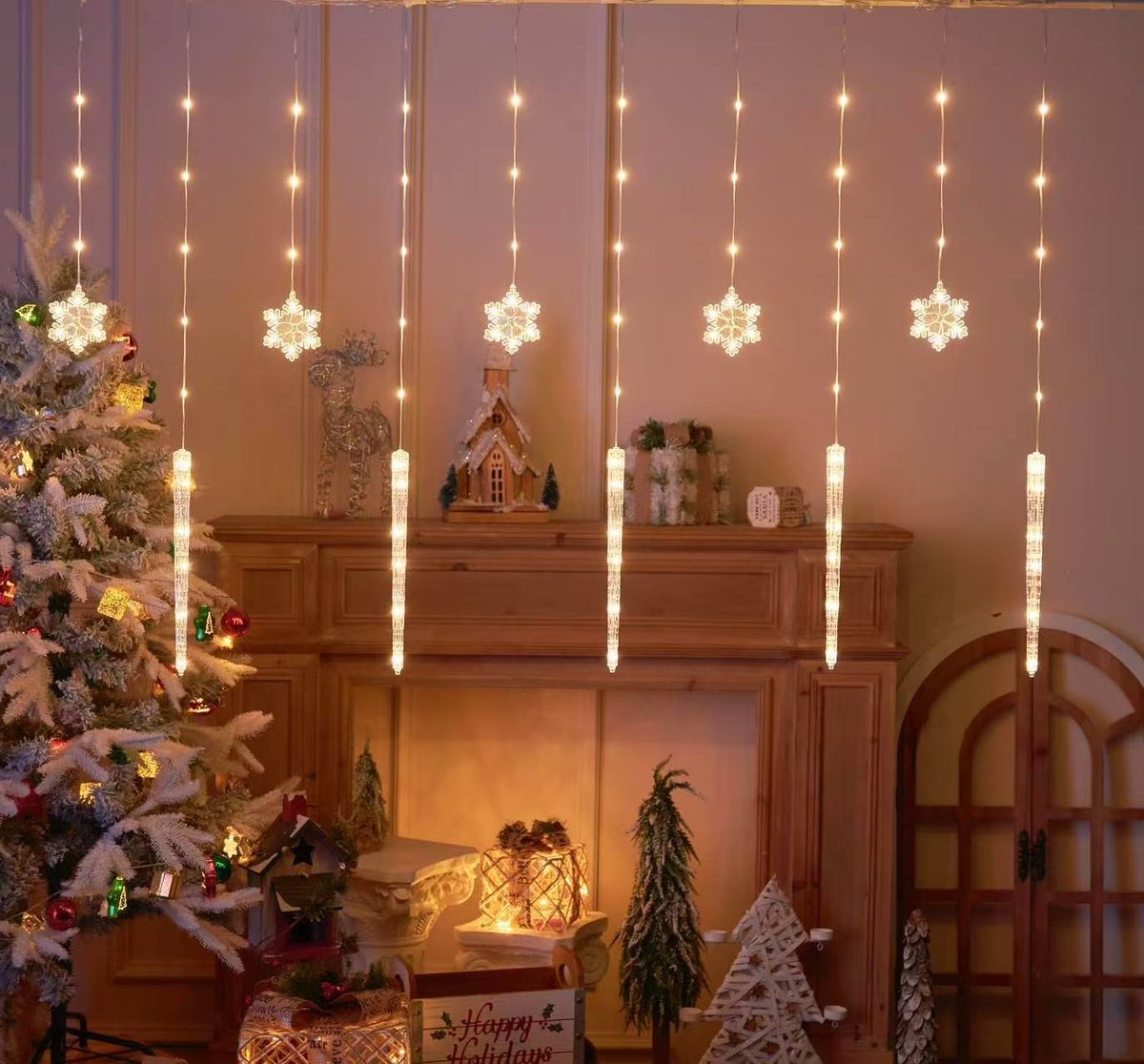 Guirlande lumineuse LED flocon de neige pour décoration de chambre - Éclairage de Noël, de mariage, de fête de fin d'année avec options de couleur/blanc chaud/blanc,_voghion.com