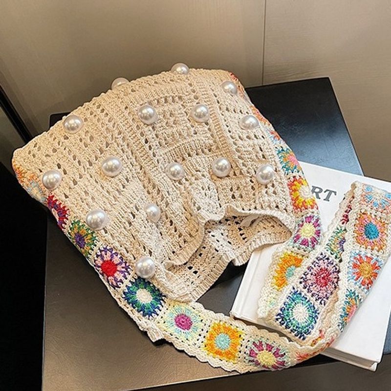 Strohtasche, gewebte Tasche, Bohemian Folk Wind Hook Floral Bag, Damen gestrickte Woll-Umhängetasche, entspannende Einkaufstasche_voghion.com