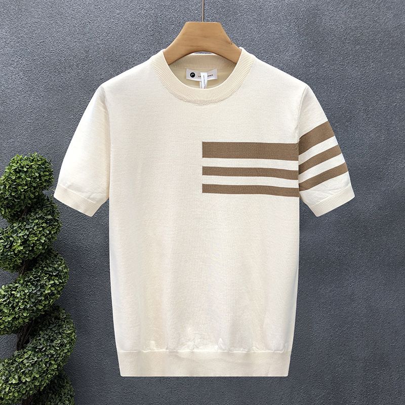 Pull à manches courtes pour homme, vêtement d'été, rayé, simple, business, léger, slim, en soie glacée_voghion.com
