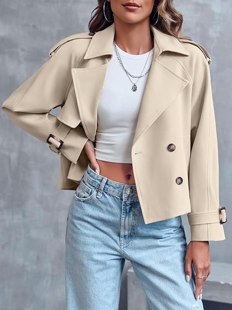 Veste coupe-vent courte à double boutonnage avec poche populaire pour femmes_voghion.com