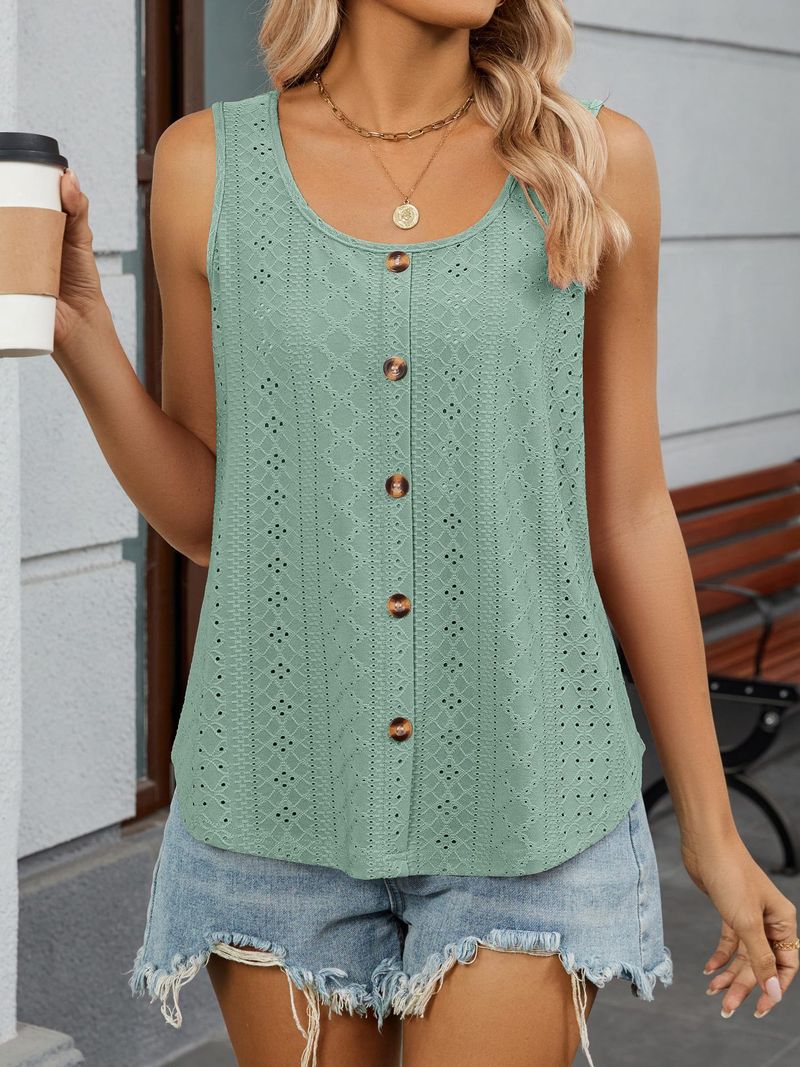 2025 Summer New Round Neck Sleeveless Solid Color Strap Fashion Casual Button Hollow Out Vest_voghion.com