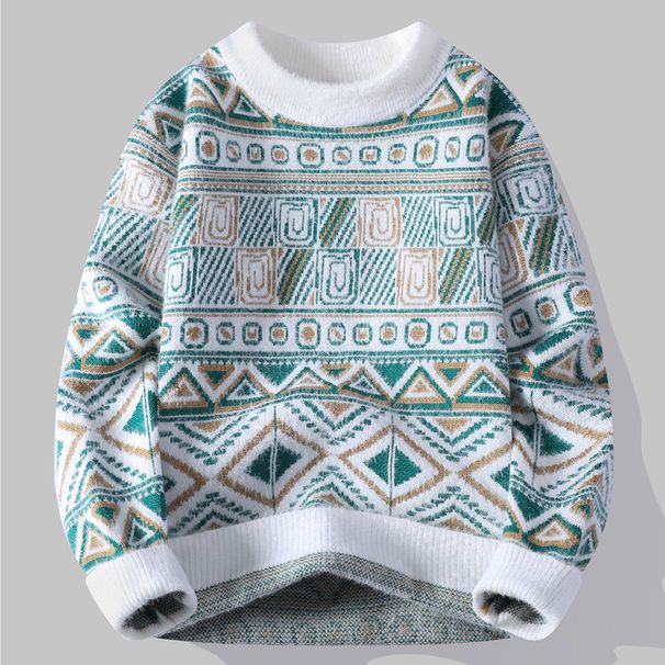 Men's Clothing Winter Fashion Knit Sweater Semi-Turtleneck Pullover With Jacquard Pattern, Breathable & Machine Washable, White/Navy/Green (M-3XL)_voghion.com