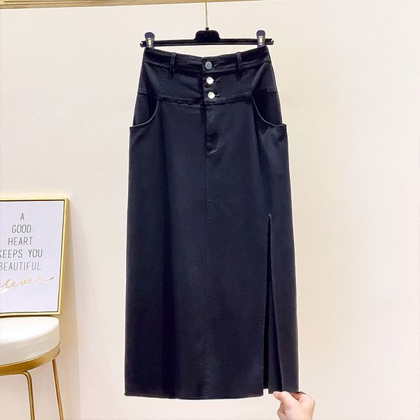 Gonna a tubino elasticizzata a vita alta con spacco per donne taglie forti - Gonna midi in misto cotone effetto denim con bottoni (nero, blu floreale)_voghion.com