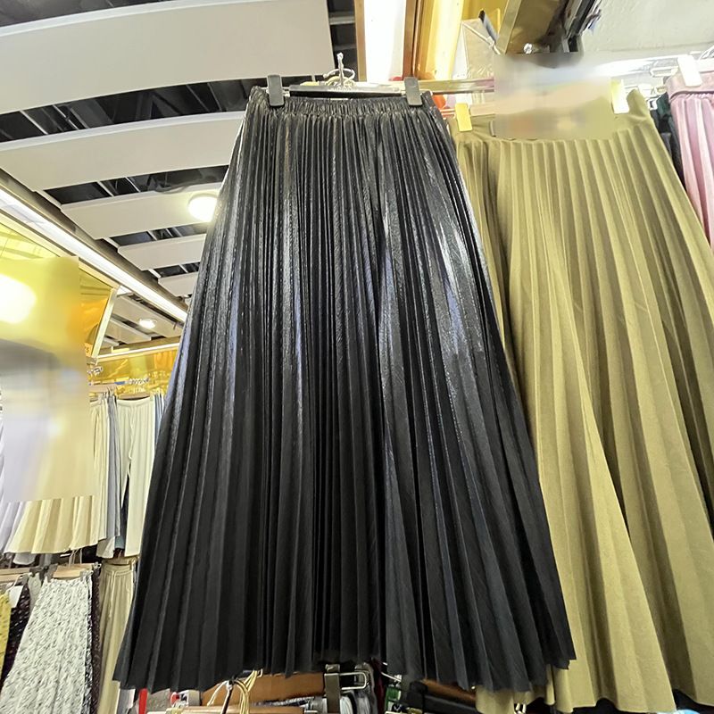 Damenbekleidung Herbst neuer High-End-Faltenrock aus metallisch glänzender Seide mit hoher Taille und langem A-Linienrock für Damen_voghion.com