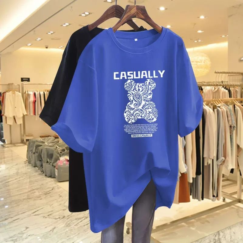 Women's bear mid-length Korean version loose large size casual white short-sleeved t-shirt women's versatile top ins_voghion.com