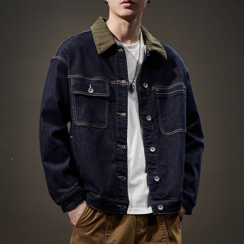 Giacca in denim lavato color block, velluto spesso, sensazione premium, giacca casual da lavoro da uomo_voghion.com