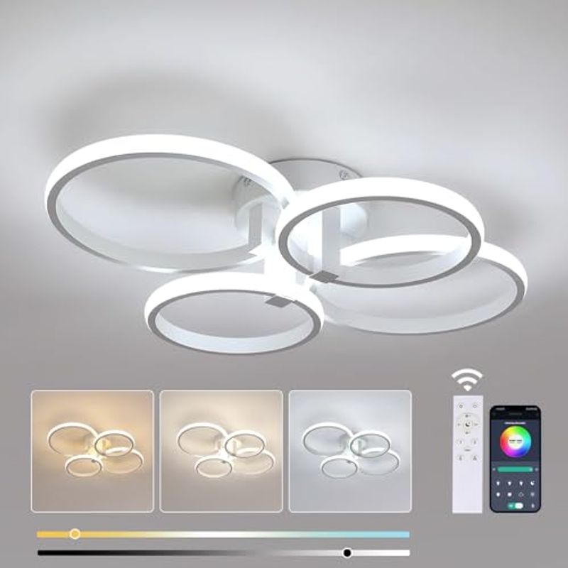 GOECO Runde LED-Deckenleuchte, 4 Köpfe, Farbe Weiß, 57,5 x 46 x 11,5 cm, Helligkeit einstellbar, weißes Licht, 57 W_voghion.com