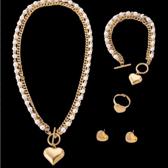 Joias de aço titânio com gravura, corrente cubana, colar de pérolas, pulseira, brincos, anel_voghion.com