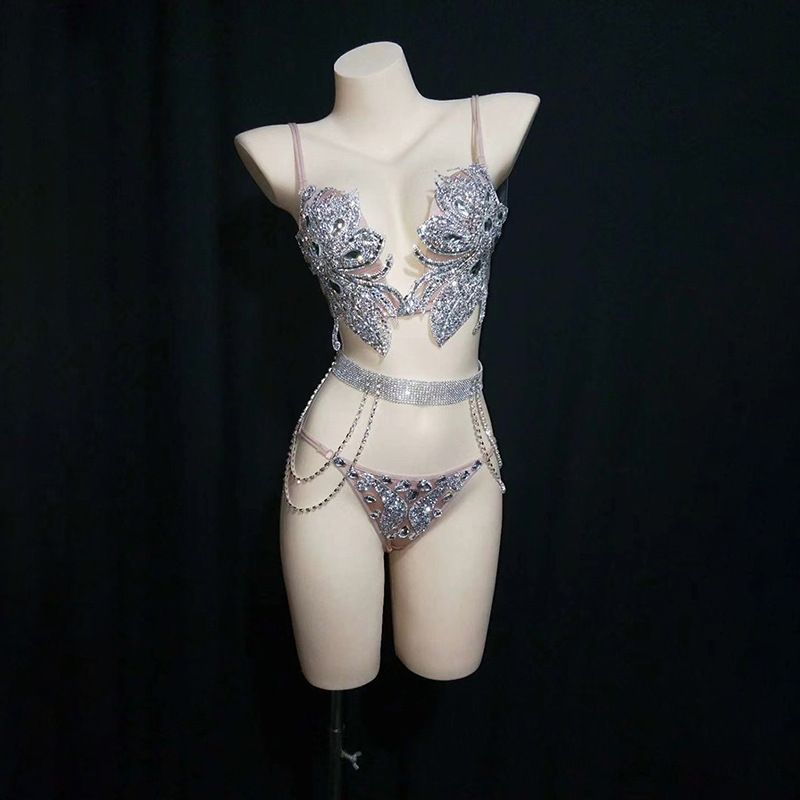 Female pole dance runway stage evening party black high-end bra bikini set silver rhinestone print_voghion.com