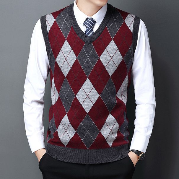 Ärmellose Pullunderweste aus Wollmischung für Herren mit V-Ausschnitt – Klassisches Karo- und Camouflage-Muster, Slim Fit, Freizeitkleidung für den Herbst_voghion.com