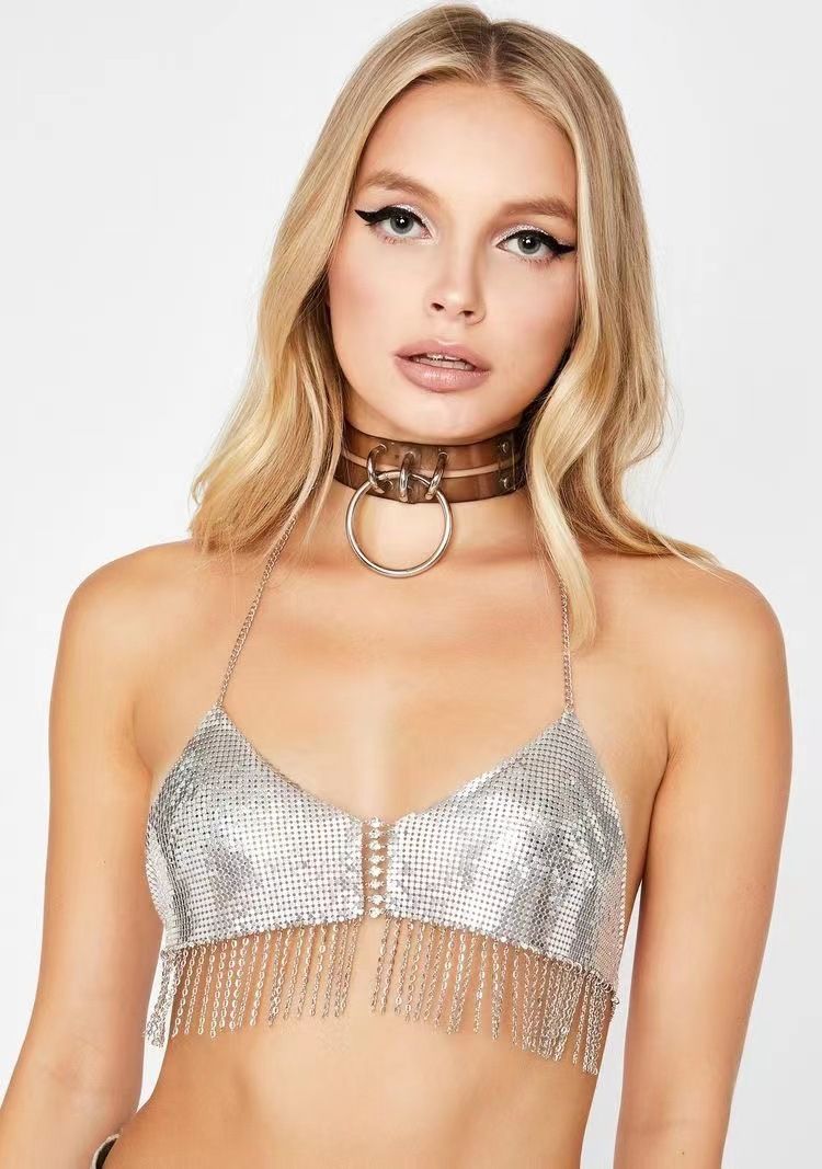 MW3158 Europese en Amerikaanse vest strass ingelegde pailletten kwastje ketting hangende hals V-hals wikkelborst top klein vest body chain_voghion.com