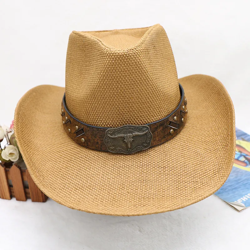 Men's western cowboy hat braided straw spray paint to make old outdoor hat style straw hat_voghion.com