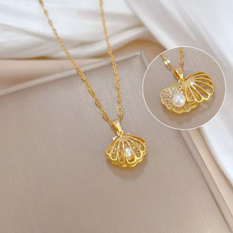 Fashion Pearl Adjustable Full Diamond Shell Necklace French Style Fashionable Elegant Pendant Clavicle Chain_voghion.com