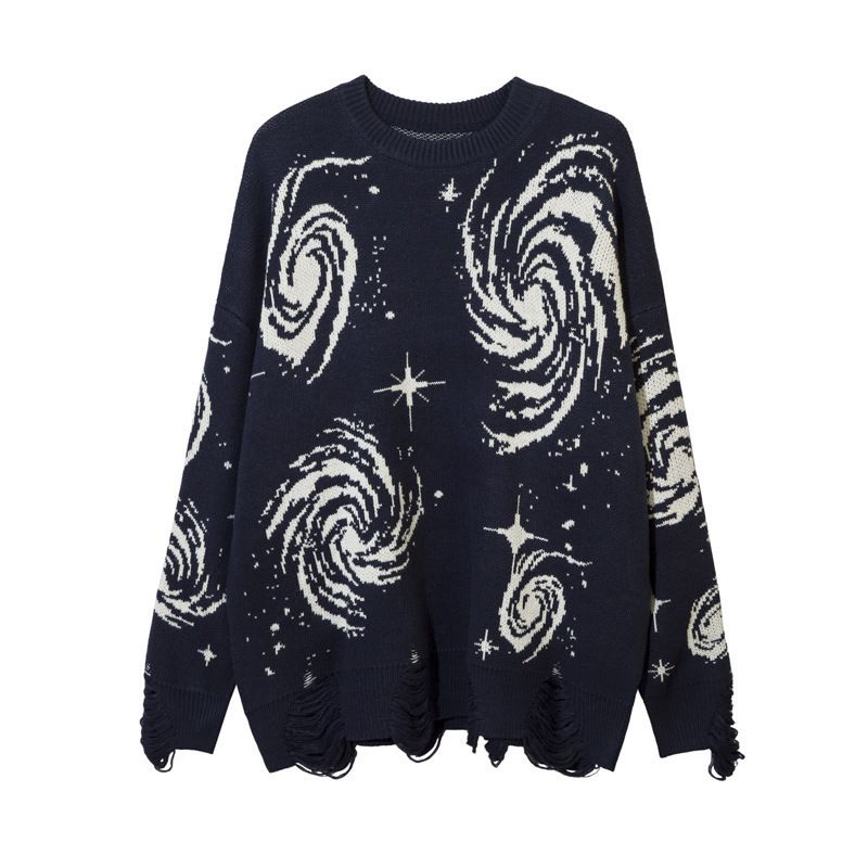 Men's ClothingFashion Personality Star Element Rotating Jacquard Ripped Long Sleeved Pullover Loose Casual Men's And Women's Sweater_voghion.com