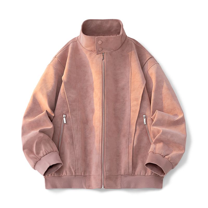Giacca oversize da uomo con spalle scese | Cappotto da motociclista ricamato di alta moda | Giacca unisex con cerniera streetwear (nero/grigio/rosa/viola)_voghion.com