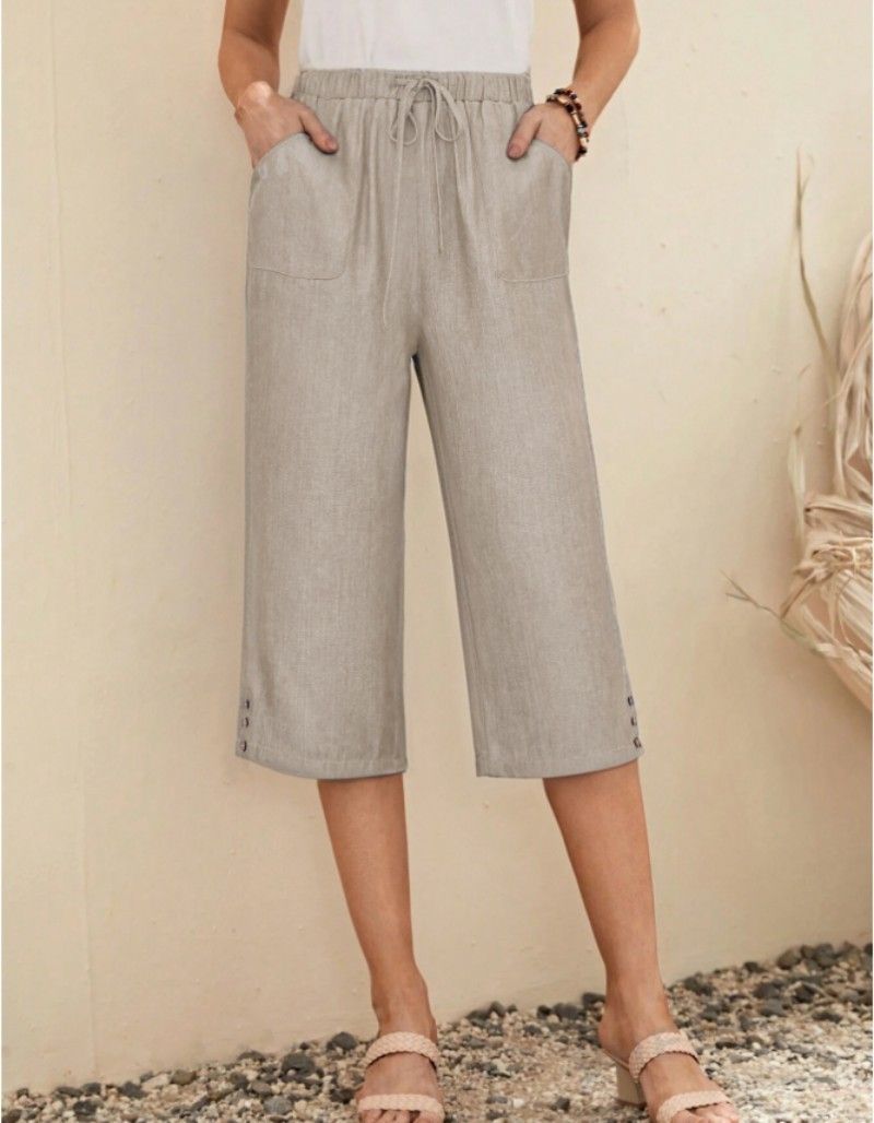 Nuovi pantaloni casual elasticizzati in cotone e lino con tasche larghe da donna_voghion.com