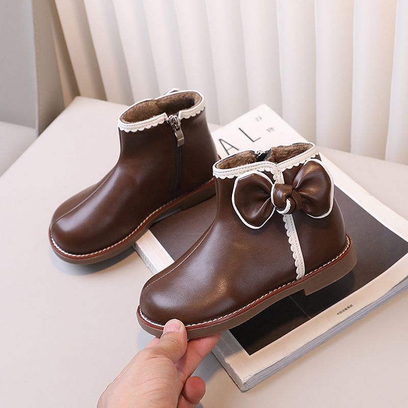 Children's leather girls' short boots, 2024 winter new item, Little Princess fashion, cotton with velvet side zipper,_voghion.com
