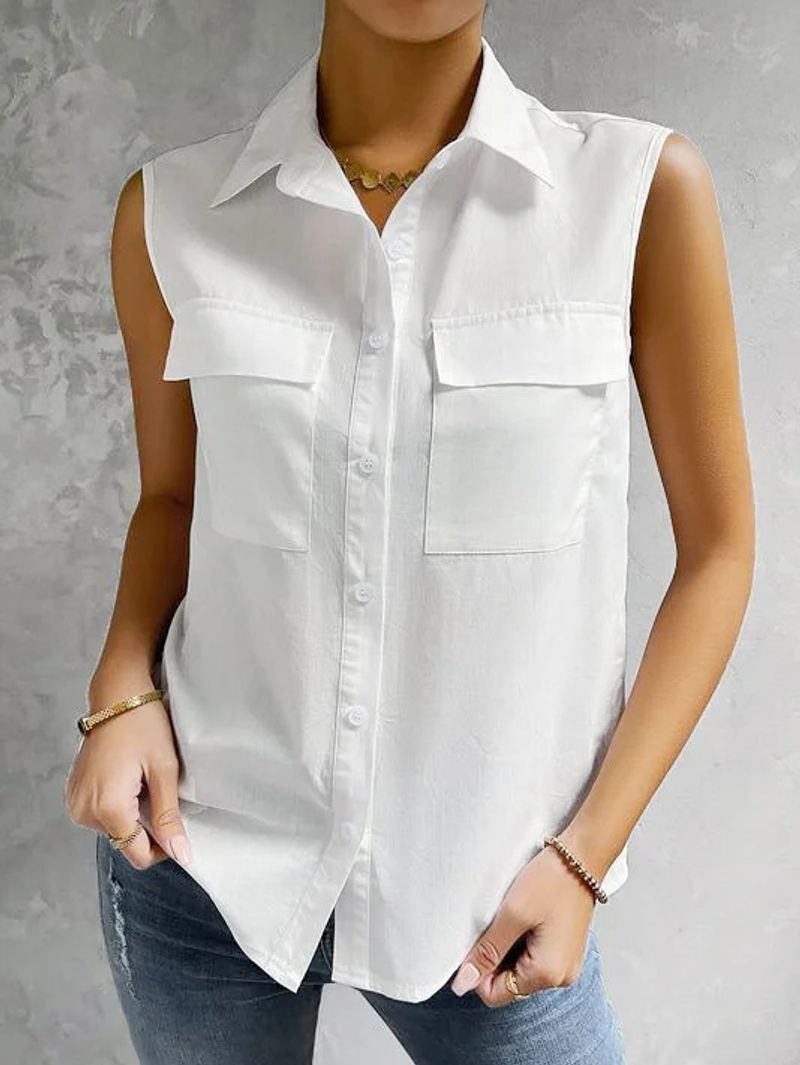 Camicia da donna con doppio taschino, senza maniche, in cotone e antivento, estate 2023_voghion.com