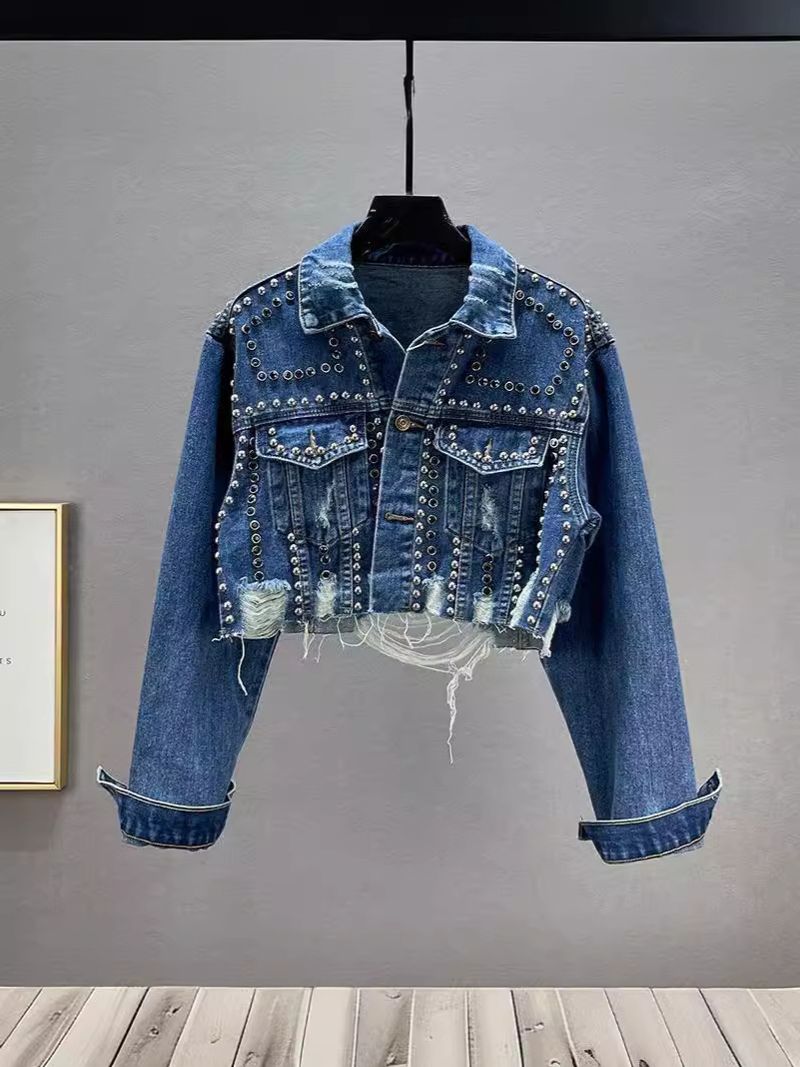 Women's Clothing rivet diamond denim jacket women's worn beaded jacket top_voghion.com