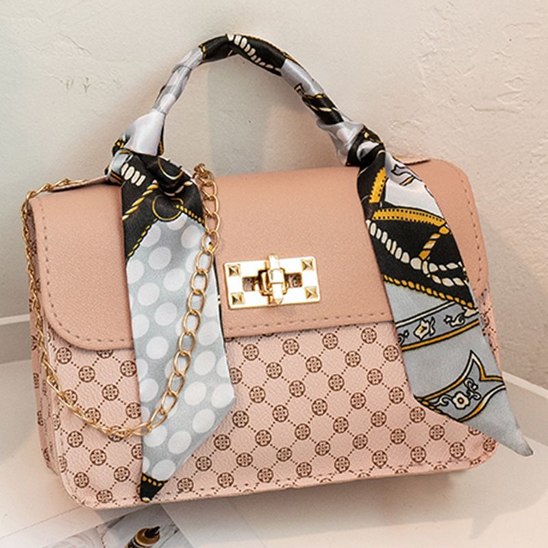 Mini borsa quadrata con patta grafica geometrica, borsa a tracolla con decorazione sciarpa da donna con tracolla a catena (7,87 * 5,71 * 2,75) pollici_voghion.com