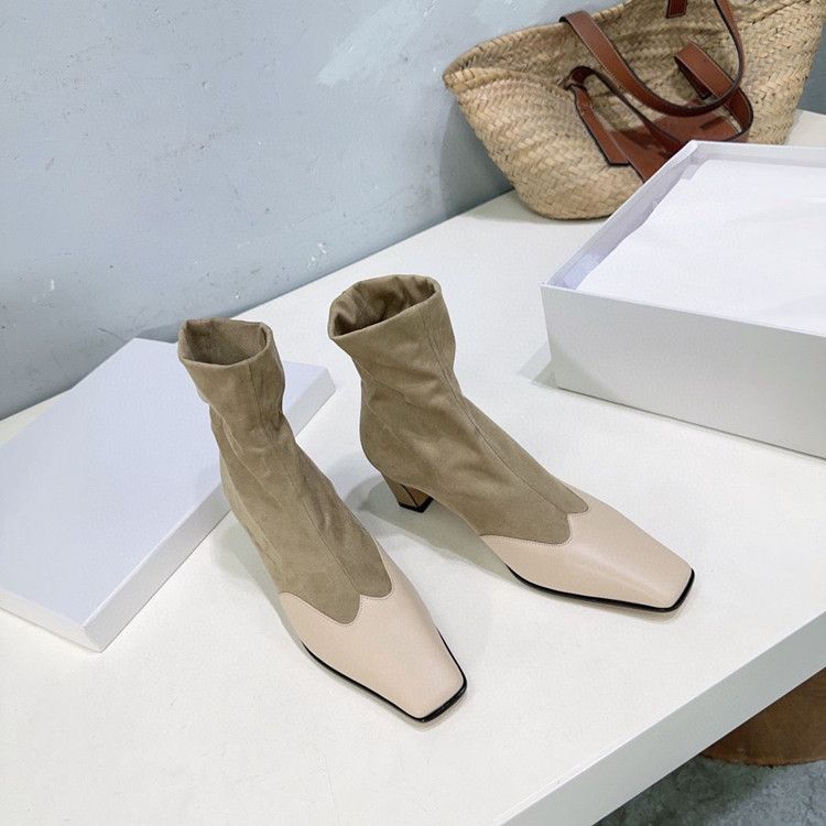 High End Quality 2024 Small Square Toe, Mid Heel, Color Blocked Elastic Slim Women's Leather Single Boots, Thick Heels,_voghion.com